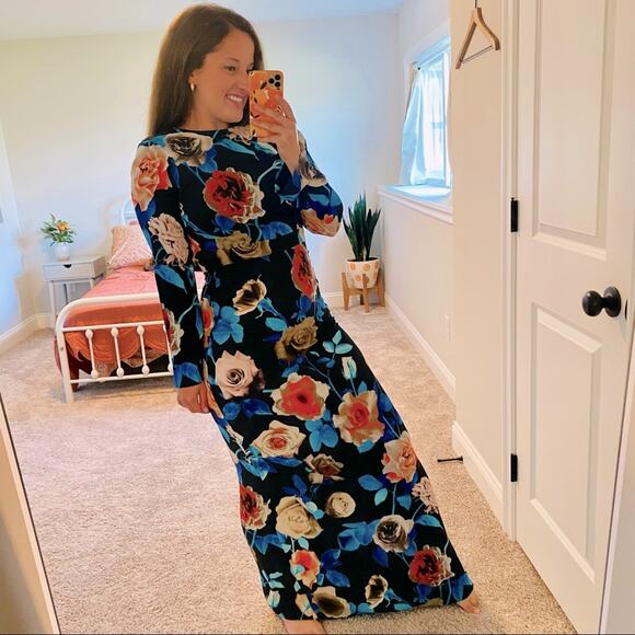 MSGM Milano Blue Red Black Rose Floral Long Sleeve Maxi Gown Dress XS - Picture 1 of 16